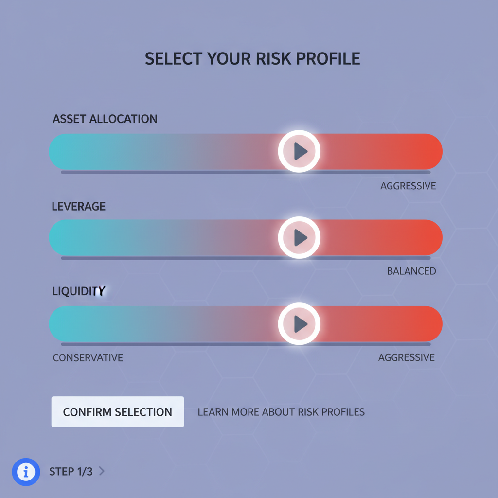risk profile selector sliders on DeFi dashboard, conservative to aggressive gradients
