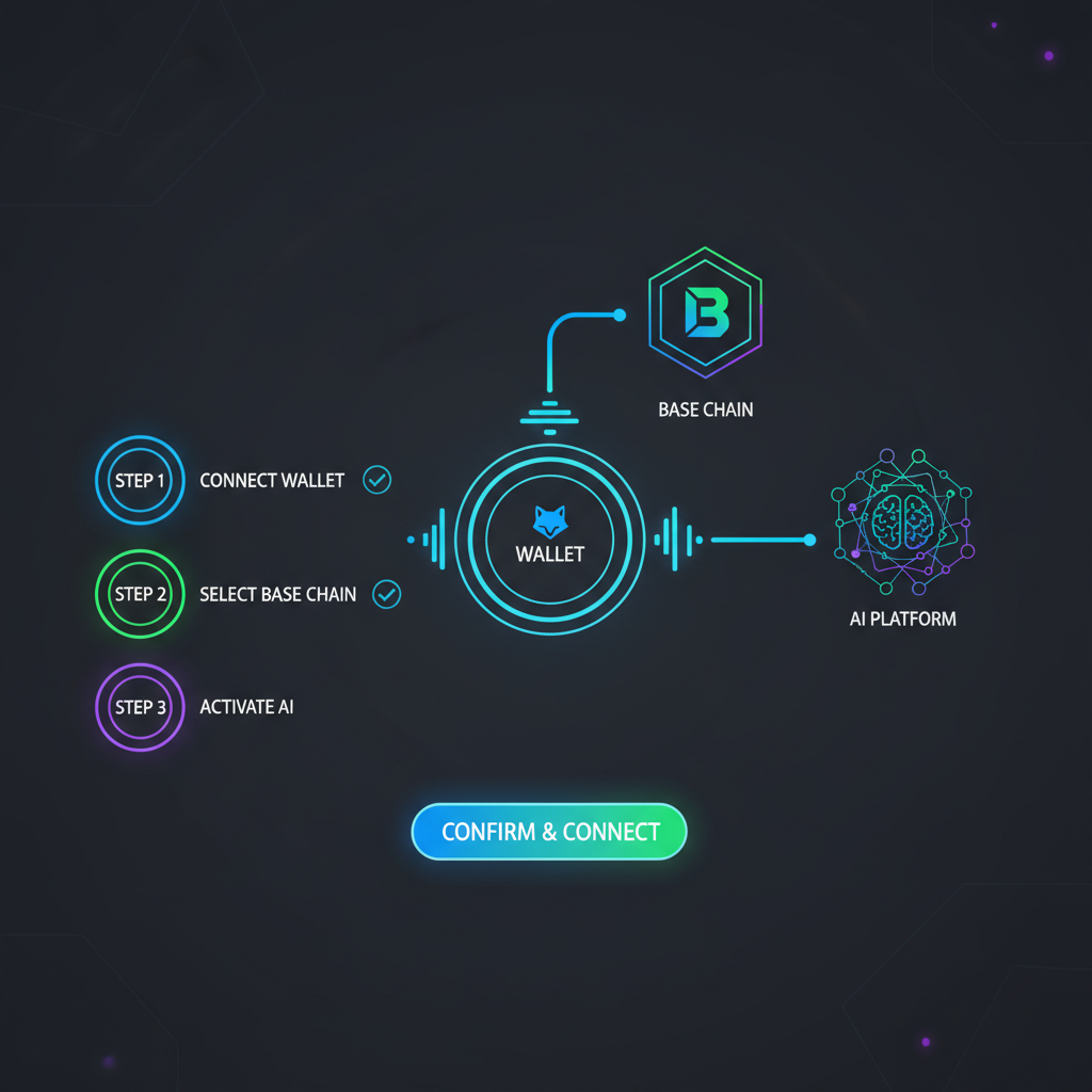 sleek DeFi dashboard connecting wallet to Base chain AI platform, neon blues greens, futuristic UI