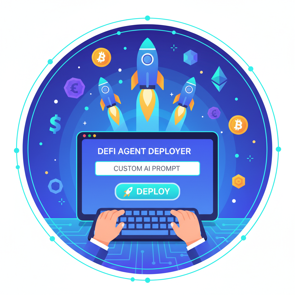 typing custom AI prompt into DeFi agent deployer, rockets launching, vibrant crypto theme