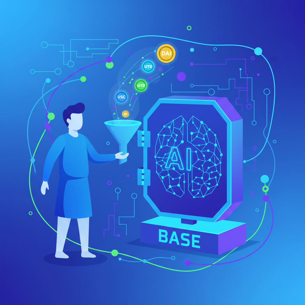 user depositing stablecoins into glowing AI vault on Base, stablecoin icons flowing in, vibrant DeFi graphics