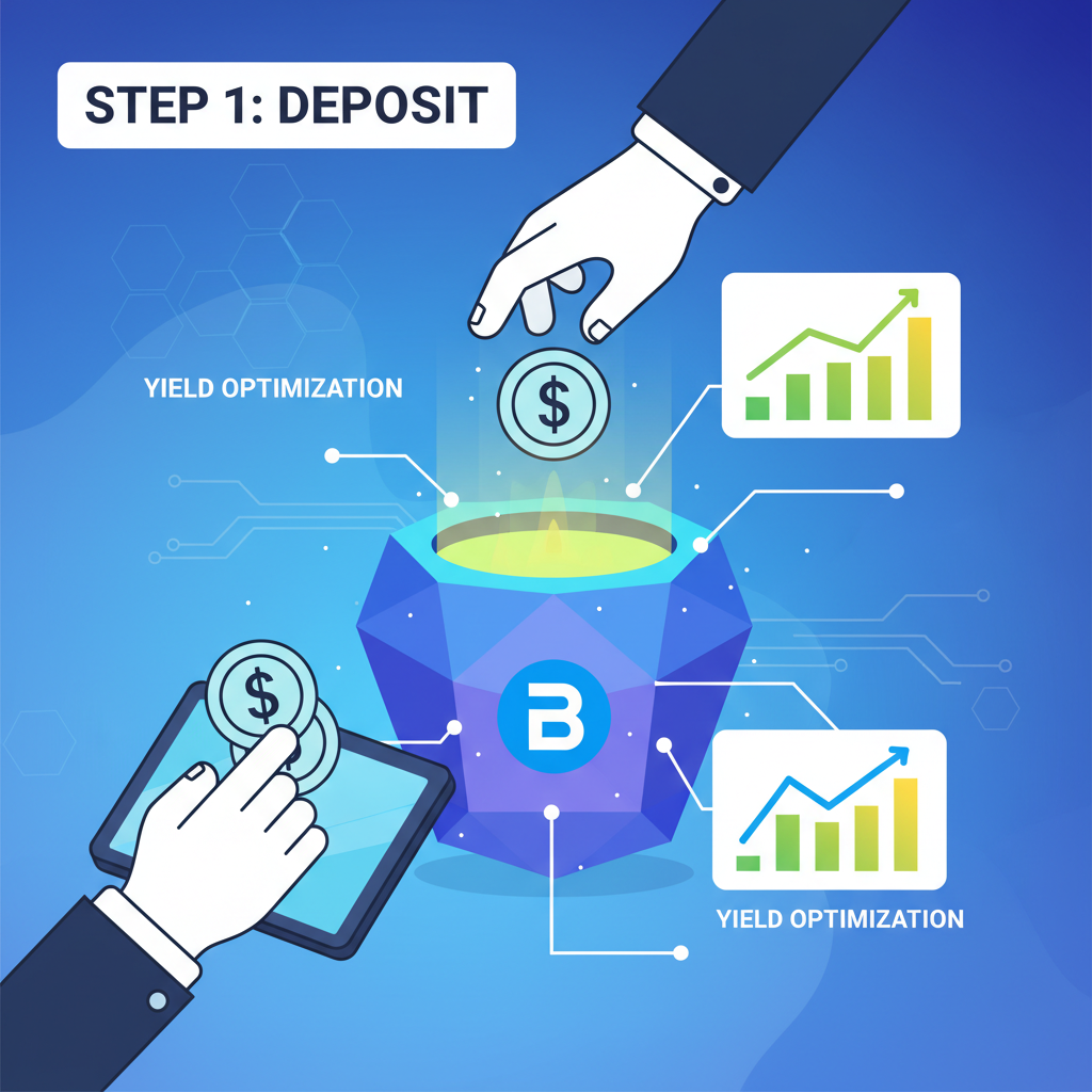 depositing stablecoins into glowing AI vault on Base, charts showing yield optimization
