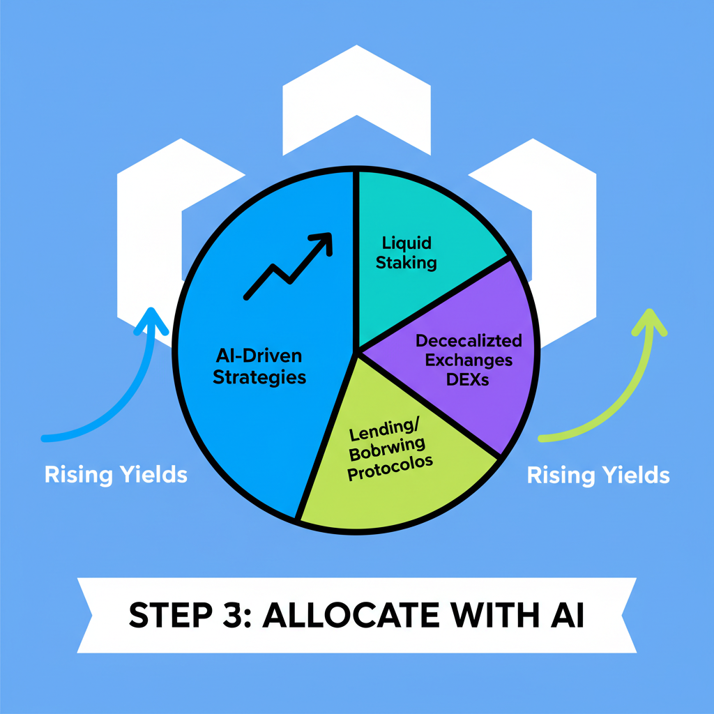 dynamic pie chart of DeFi protocol allocations by AI, Base chain background, rising yield graphs