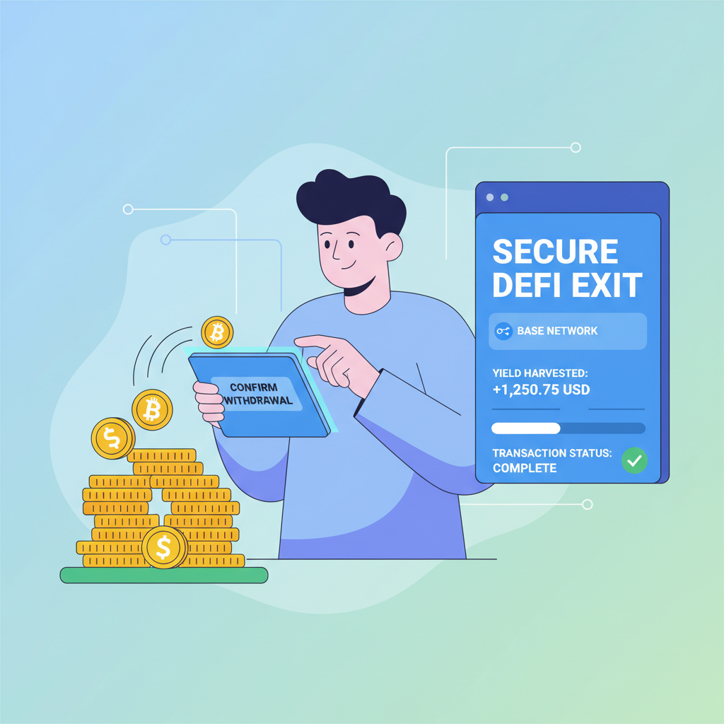 user withdrawing yields from AI vault, coins stacking up, secure DeFi exit screen on Base