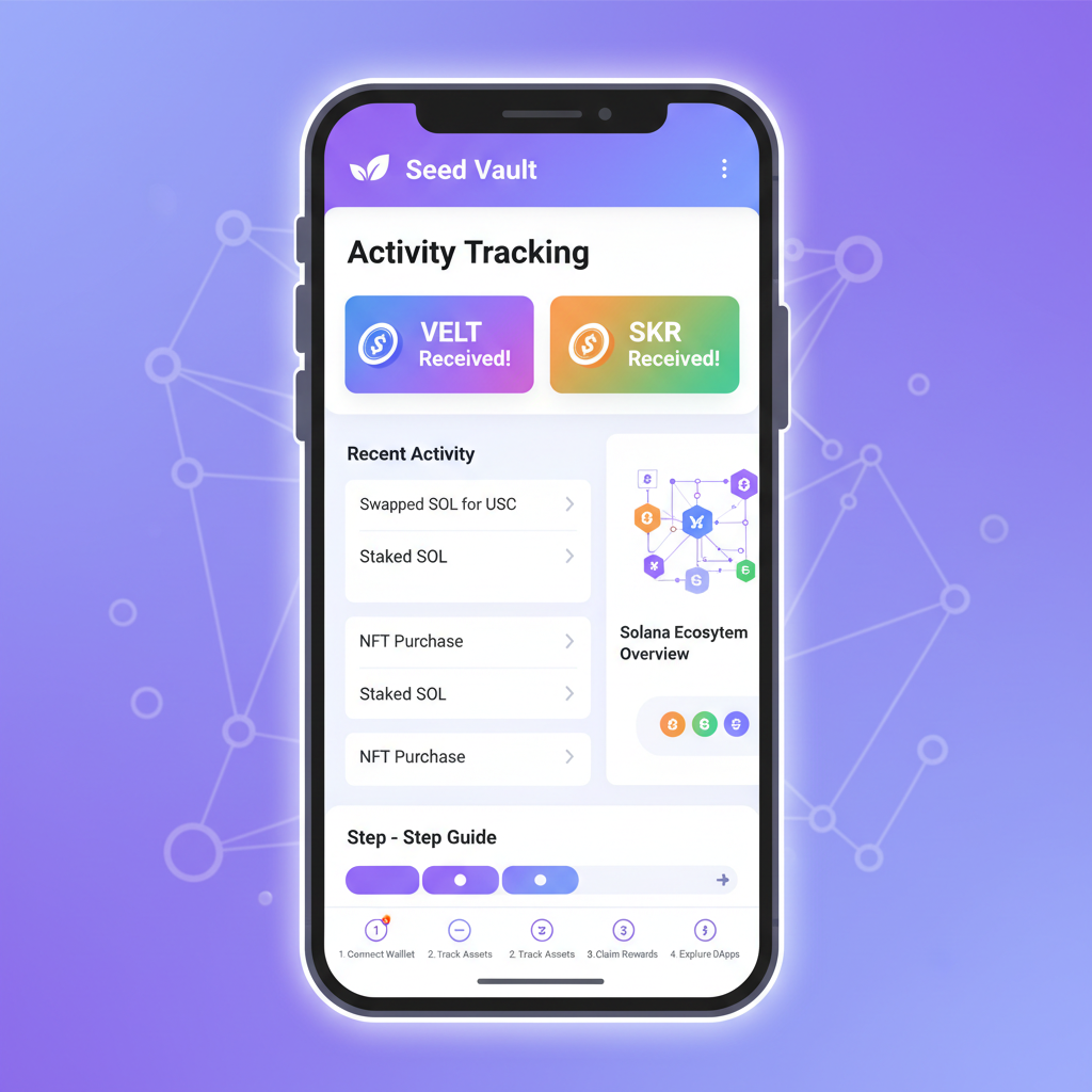 Seed Vault Wallet Activity Tracking tab open on mobile, airdrop notifications for VELT and SKR, vibrant Solana ecosystem graphics