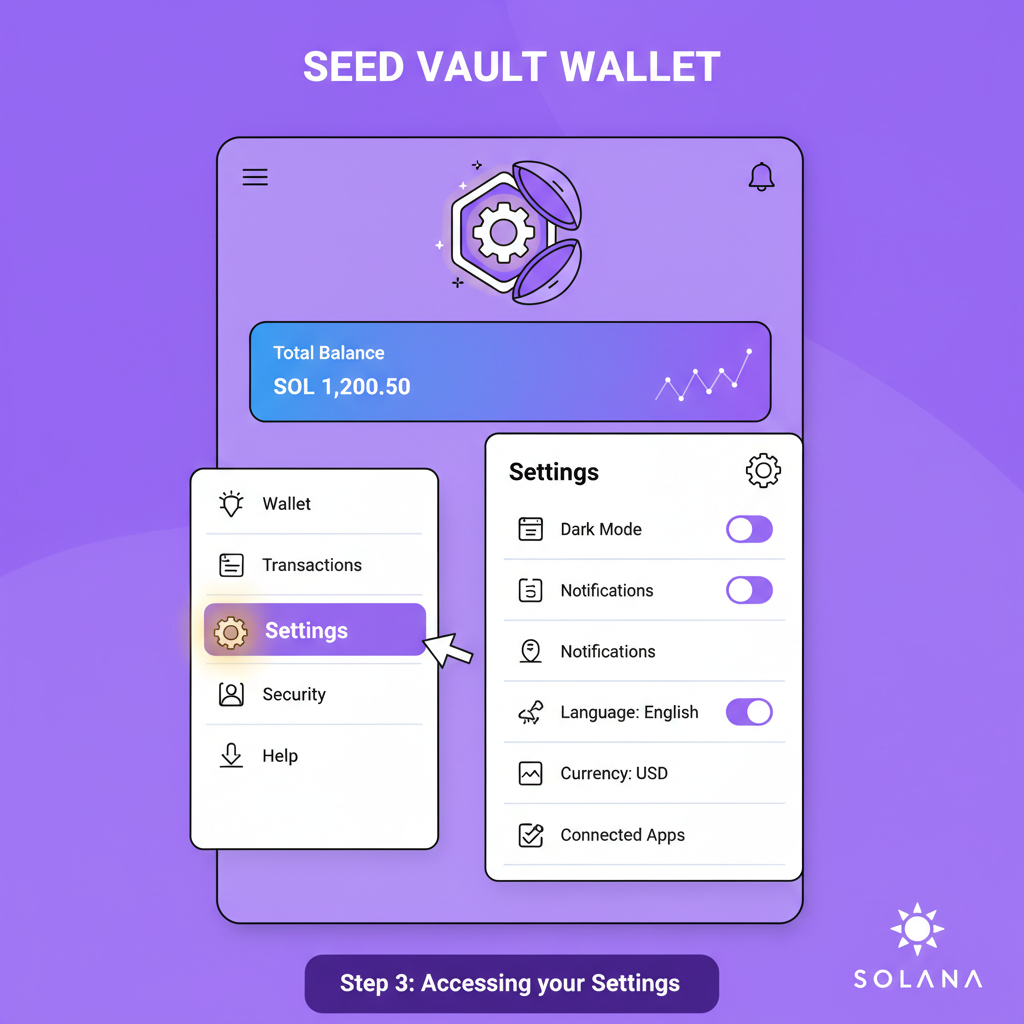 Seed Vault Wallet mobile interface showing open Settings menu with gear icon highlighted, clean Solana UI