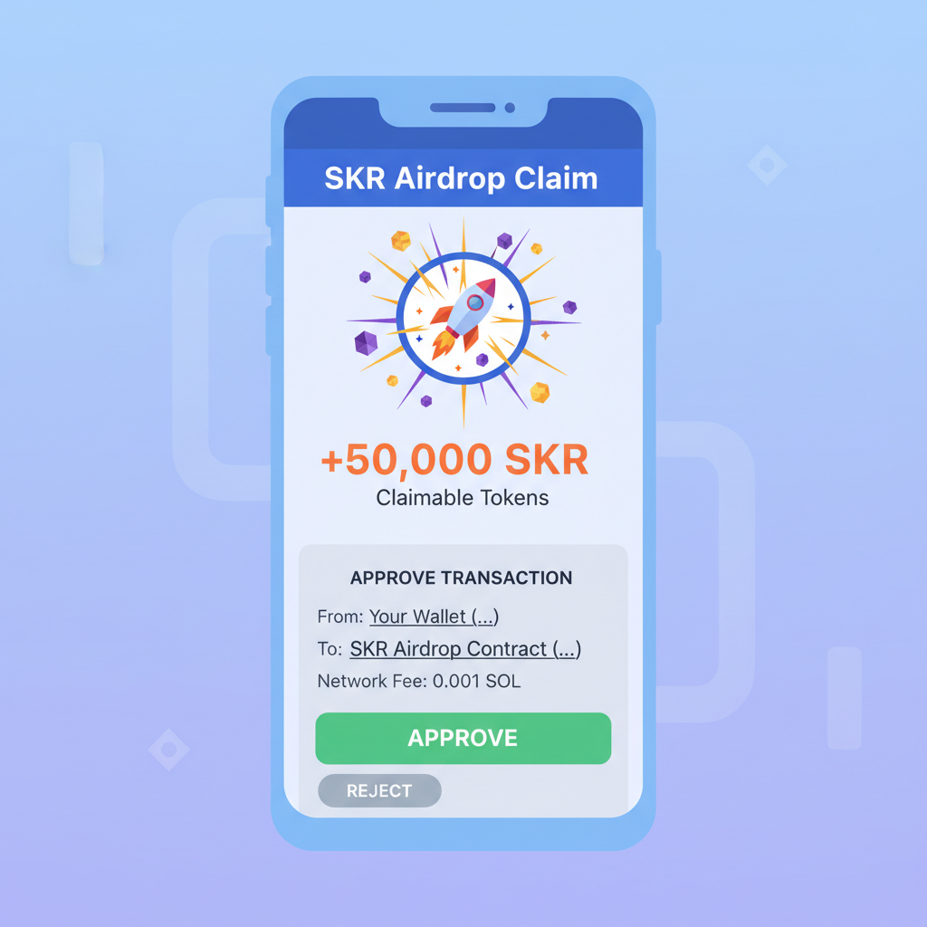 SKR airdrop claim screen on Saga phone wallet, approve transaction interface, explosive token reward visuals