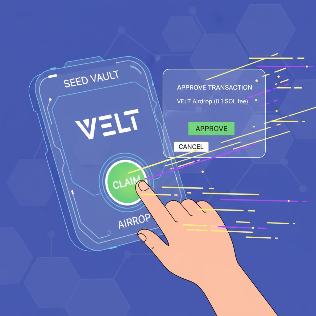 Tapping Claim button for VELT airdrop in Seed Vault, transaction approval popup, Solana speed lines effect
