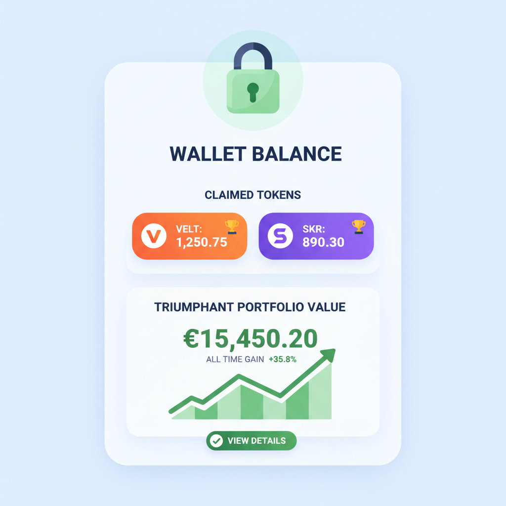 Wallet balance screen showing claimed VELT and SKR tokens, secure lock icon, triumphant crypto portfolio view