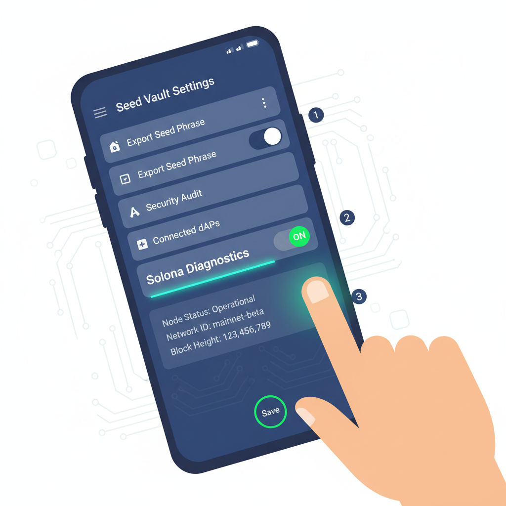 Seed Vault settings menu, Solana diagnostics toggle ON, simple interface