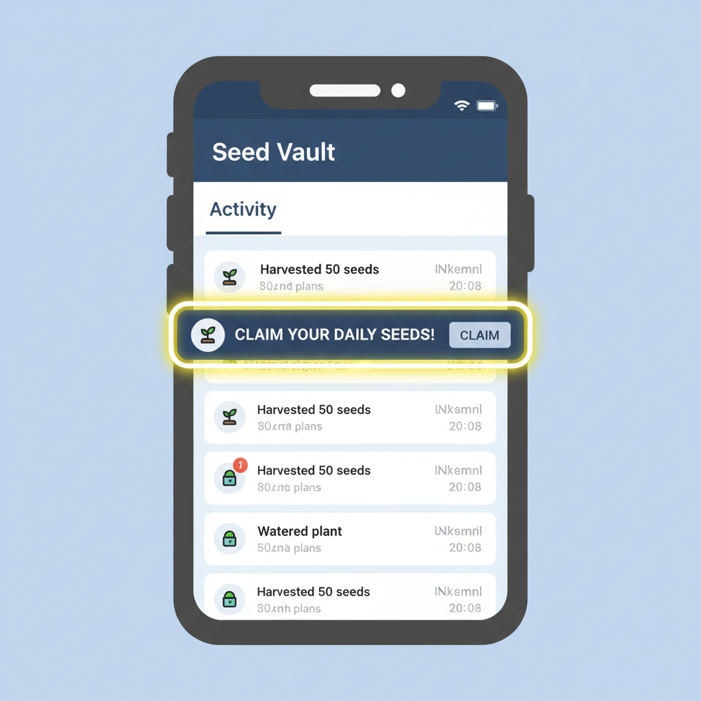 Seed Vault app Activity tab open, claim banner highlighted, mobile screenshot
