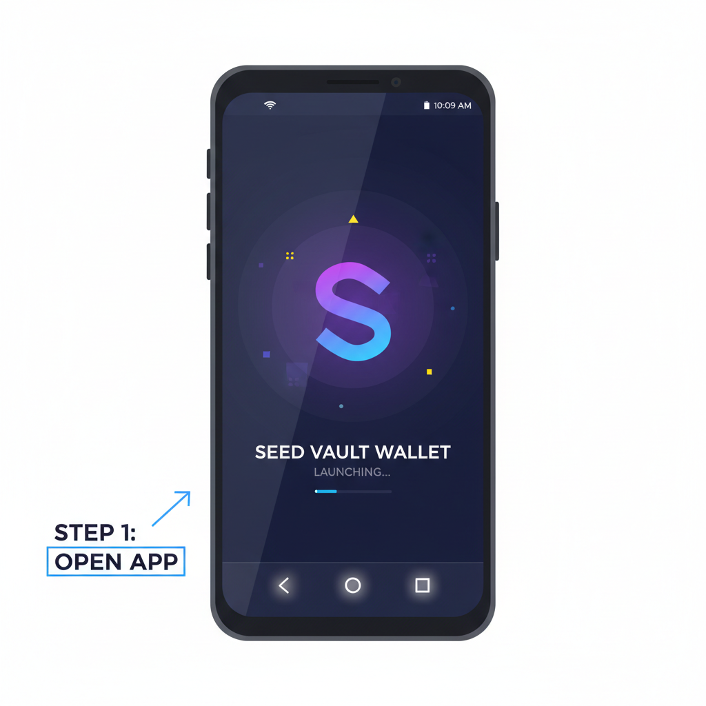 Close-up of Solana Saga phone screen displaying Seed Vault Wallet app icon, sleek futuristic design, crypto theme