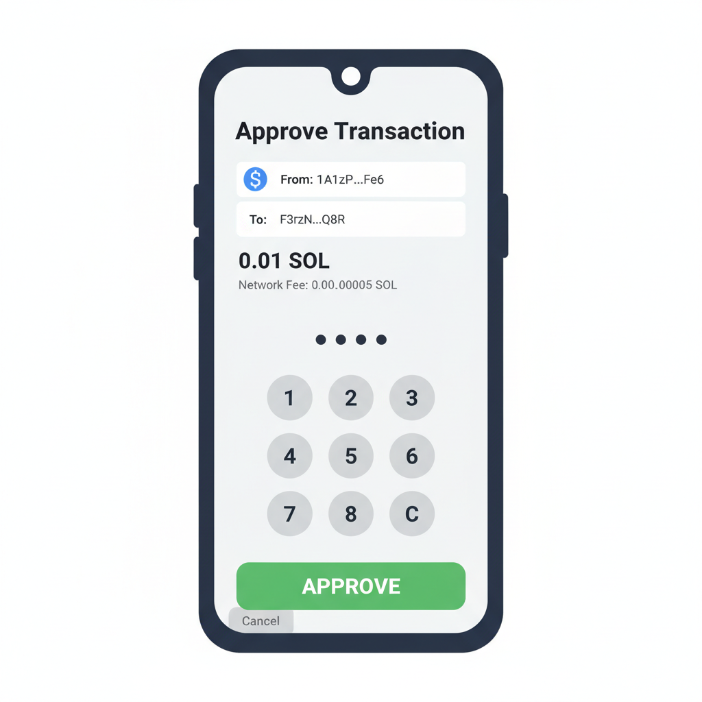 Signing Solana transaction screen on Saga phone, secure PIN pad, green approve button