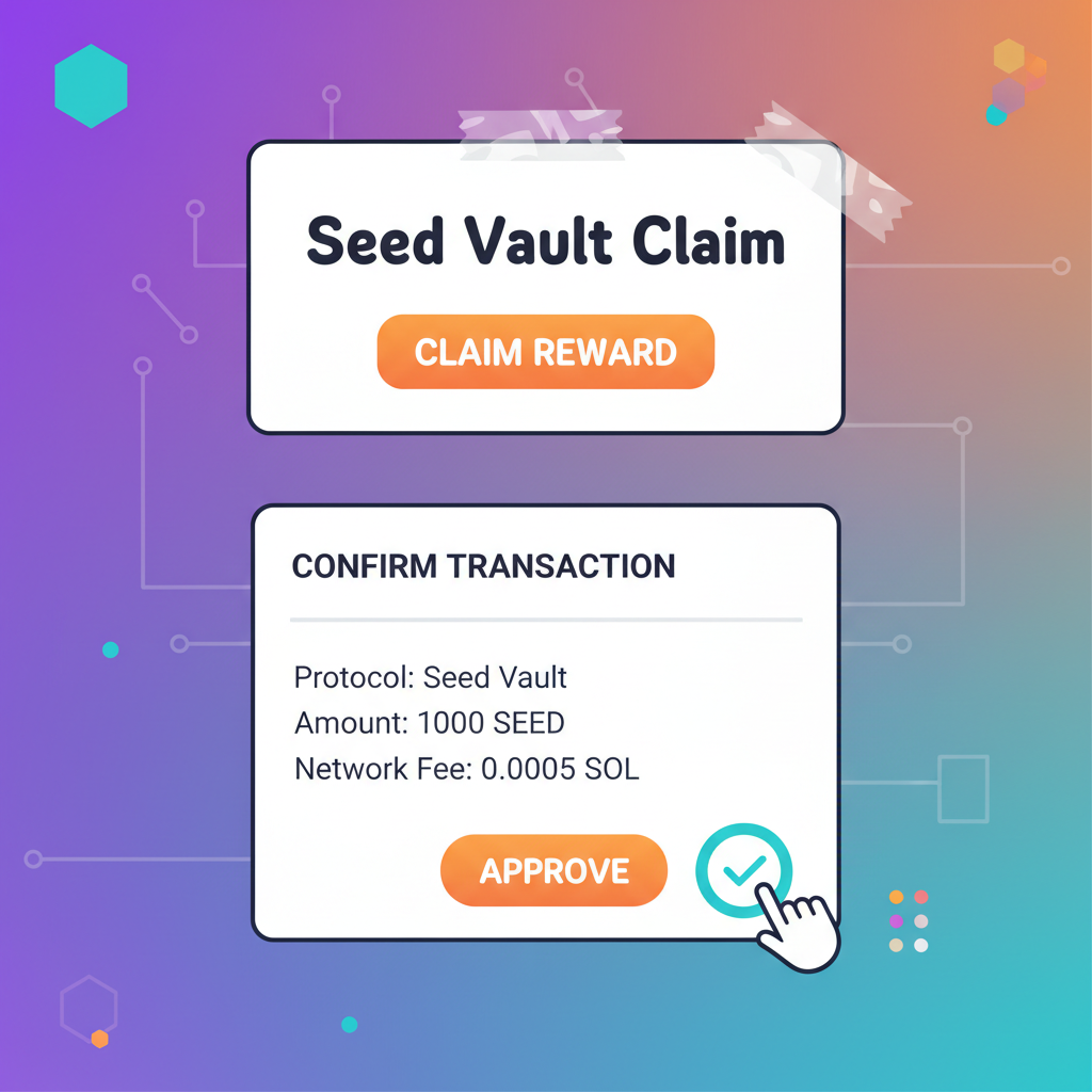 Seed Vault claim banner tapped, transaction prompt visible, vibrant Solana colors