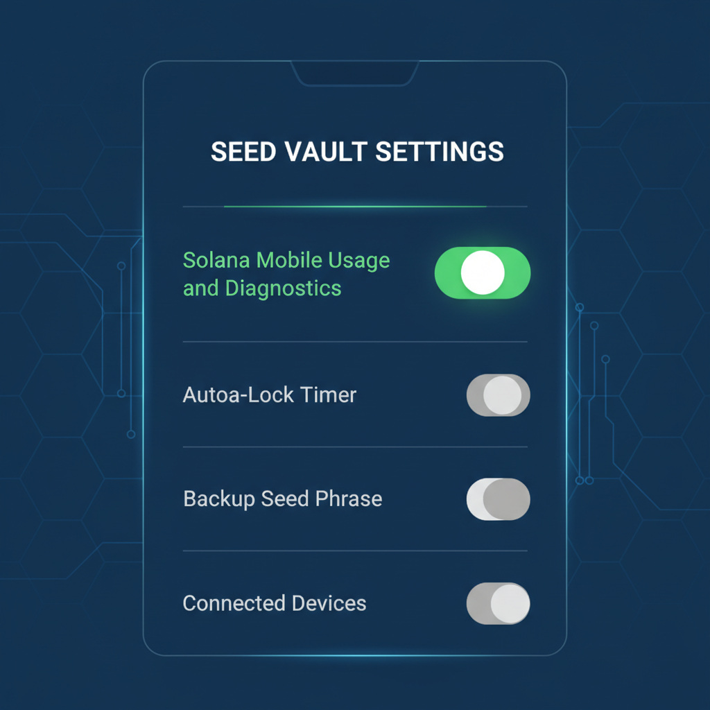 Seed Vault Settings screen with 'Solana Mobile Usage and Diagnostics' toggle switched ON, green active state, technical UI