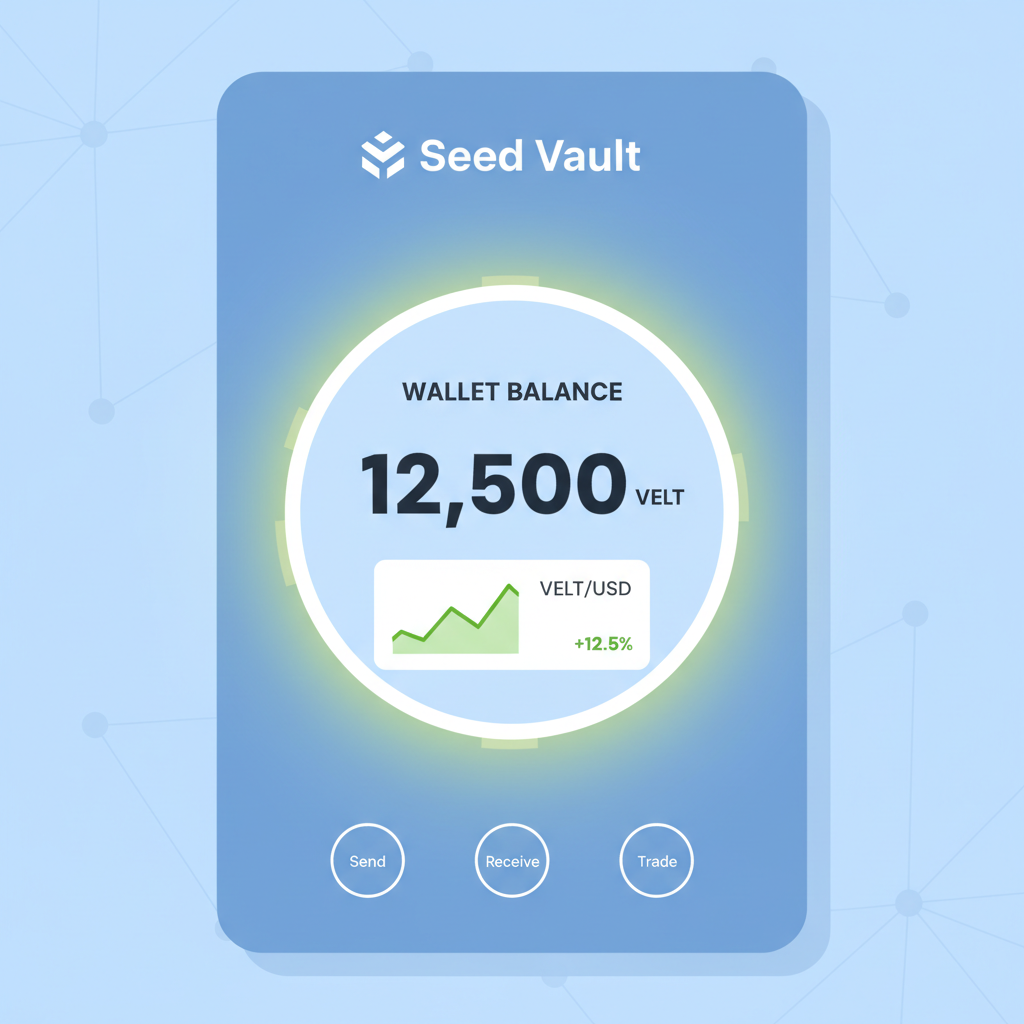 Seed Vault wallet balance showing VELT tokens, price chart snippet, success glow
