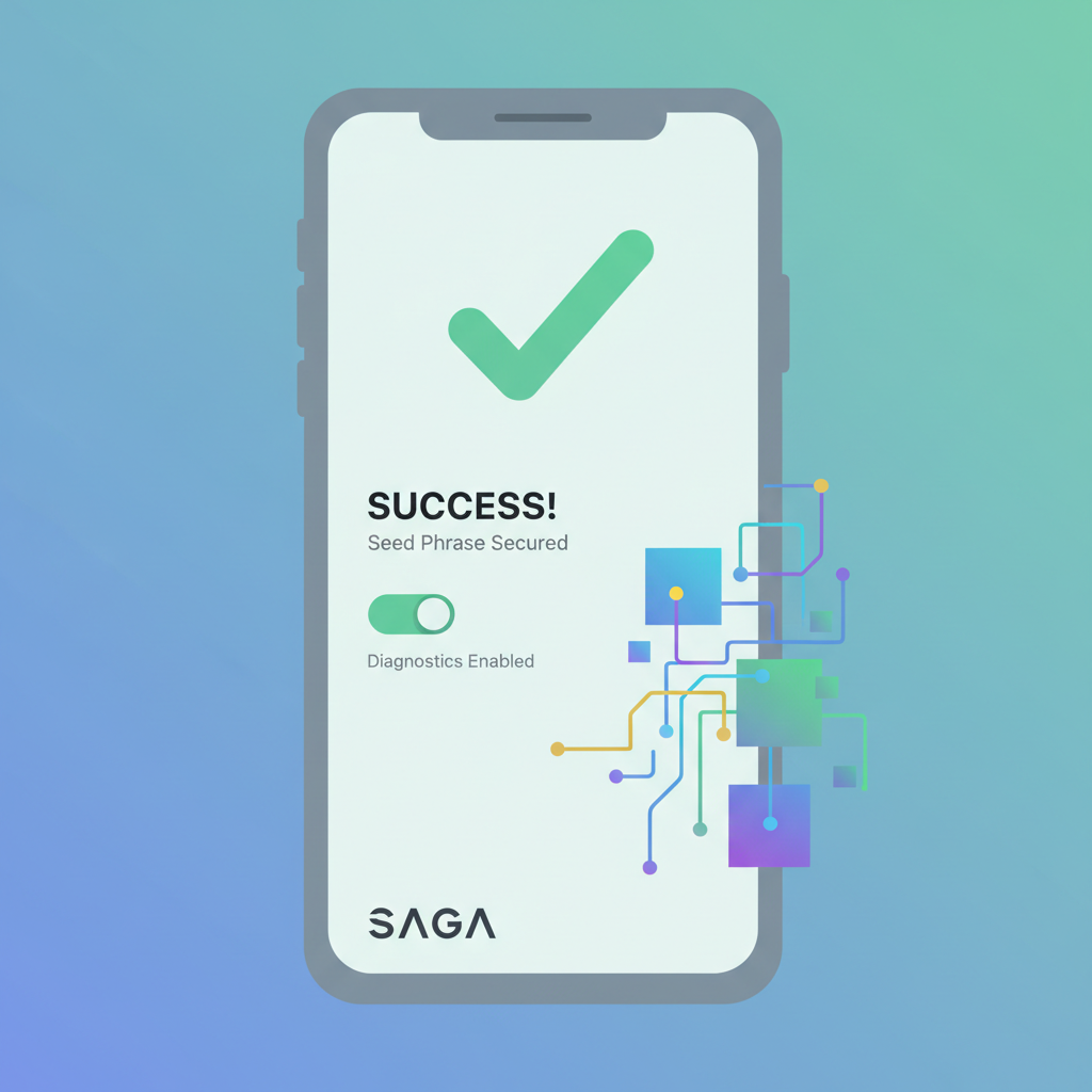 Saga phone Seed Vault confirmation screen showing diagnostics enabled, success checkmark, vibrant crypto graphics
