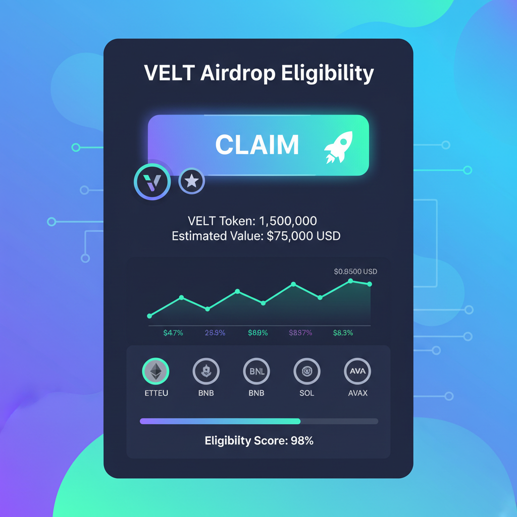 Close-up of VELT airdrop eligibility screen in wallet, token icons and price chart at $0.0500, energetic crypto vibe