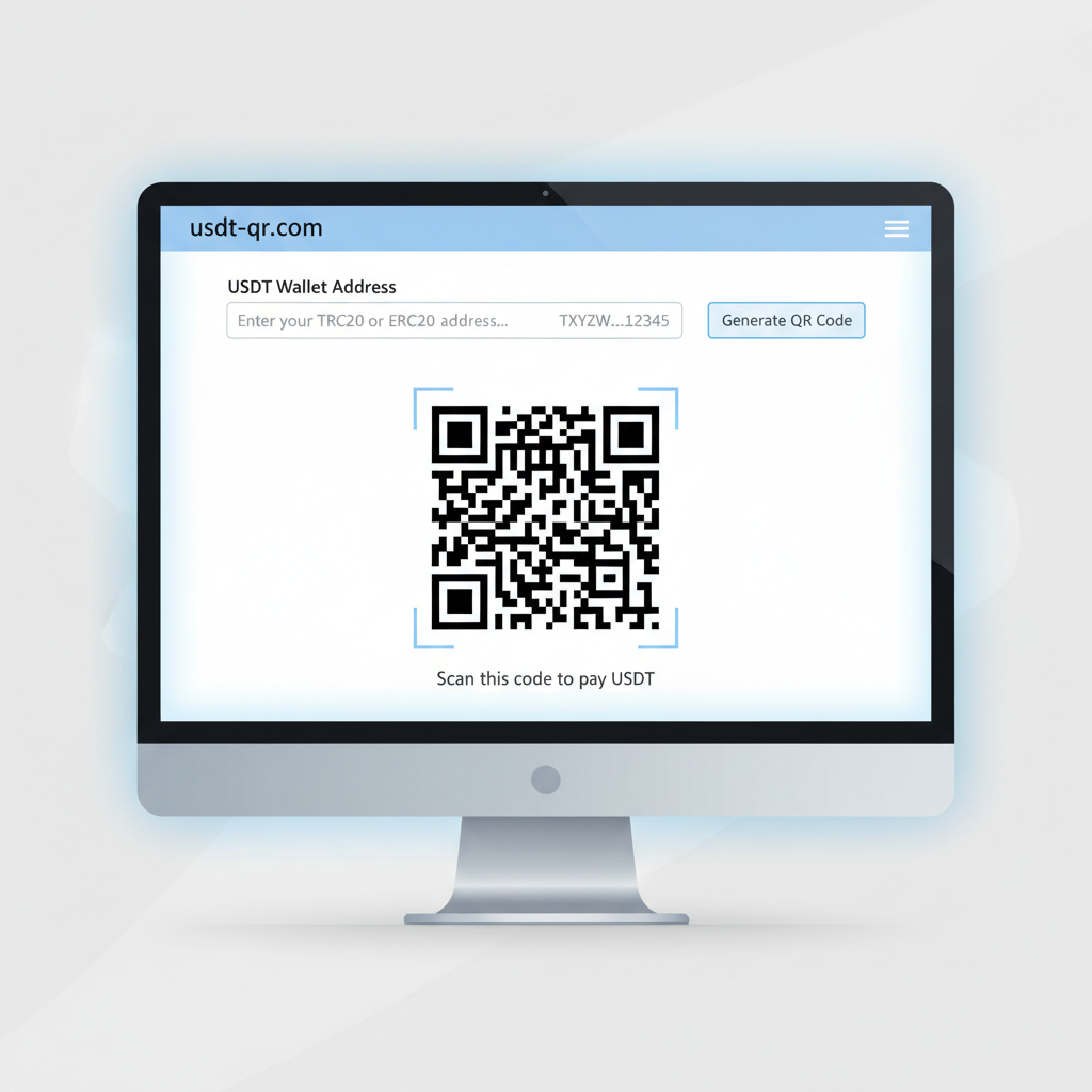 computer screen generating USDT QR code on usdt-qr.com website, wallet address input, simple black QR on white background, tech interface