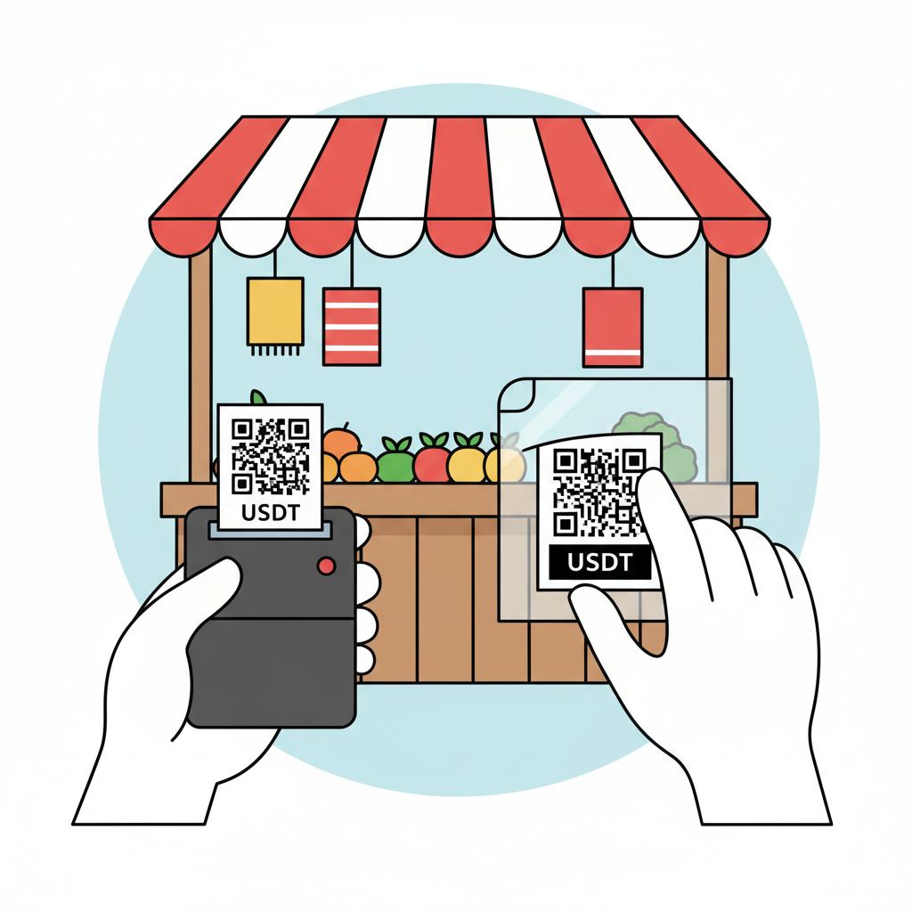 hands printing and laminating a USDT QR code sticker, clear plastic laminate over printed QR, market stall background, realistic photo