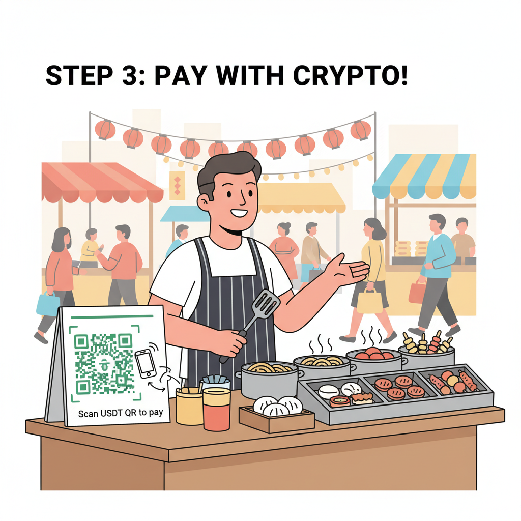 street food stall with laminated USDT QR code displayed on counter, vendor smiling, busy market scene, vibrant colors photo