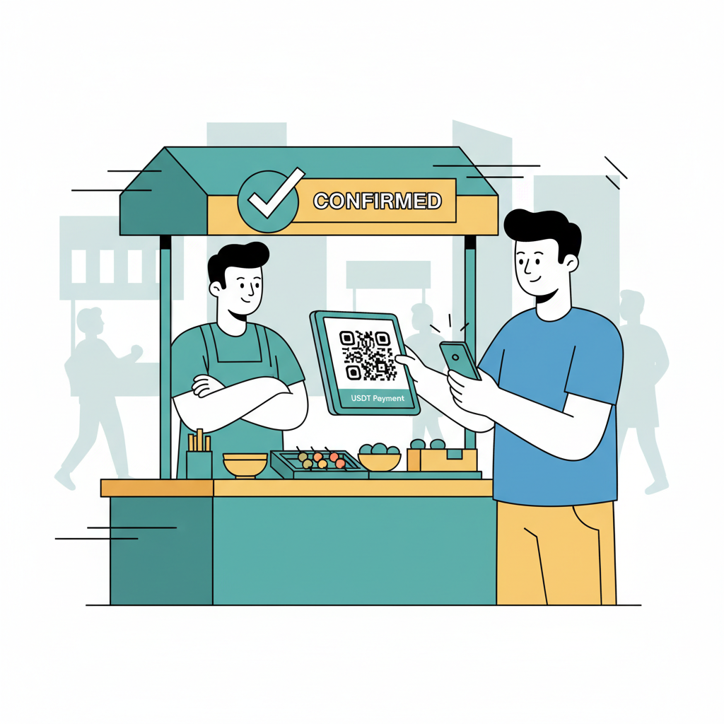 person scanning USDT QR code at stall with phone, green checkmark confirmation, street vendor watching, dynamic action photo