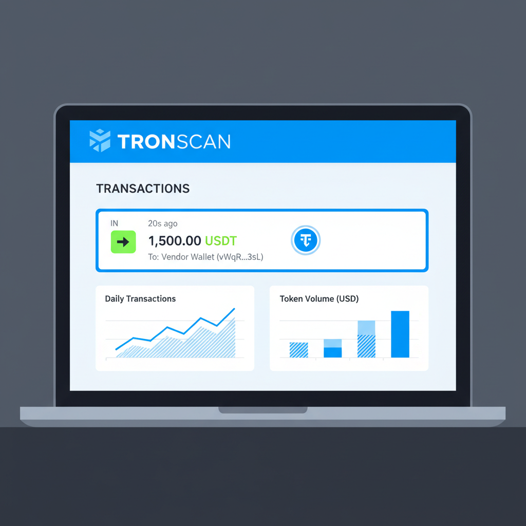 laptop screen on Tronscan showing recent USDT incoming transaction to vendor wallet, blockchain explorer UI, data charts precise