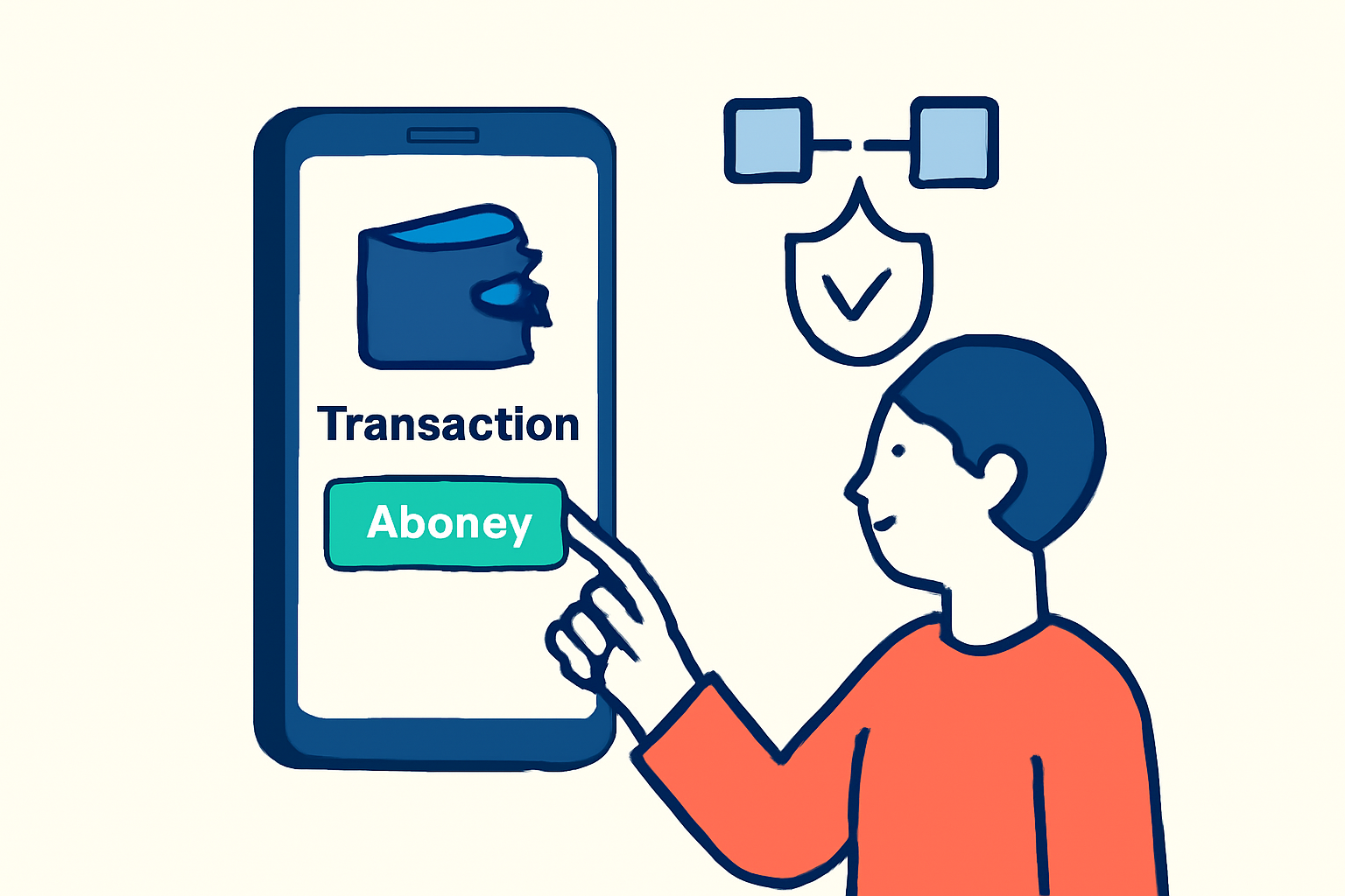 A person approving a transaction on a smartphone wallet app, with blockchain and shield icons representing security