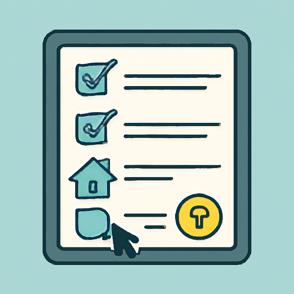 A checklist being ticked off on a digital screen, with property and token icons, conveying careful review