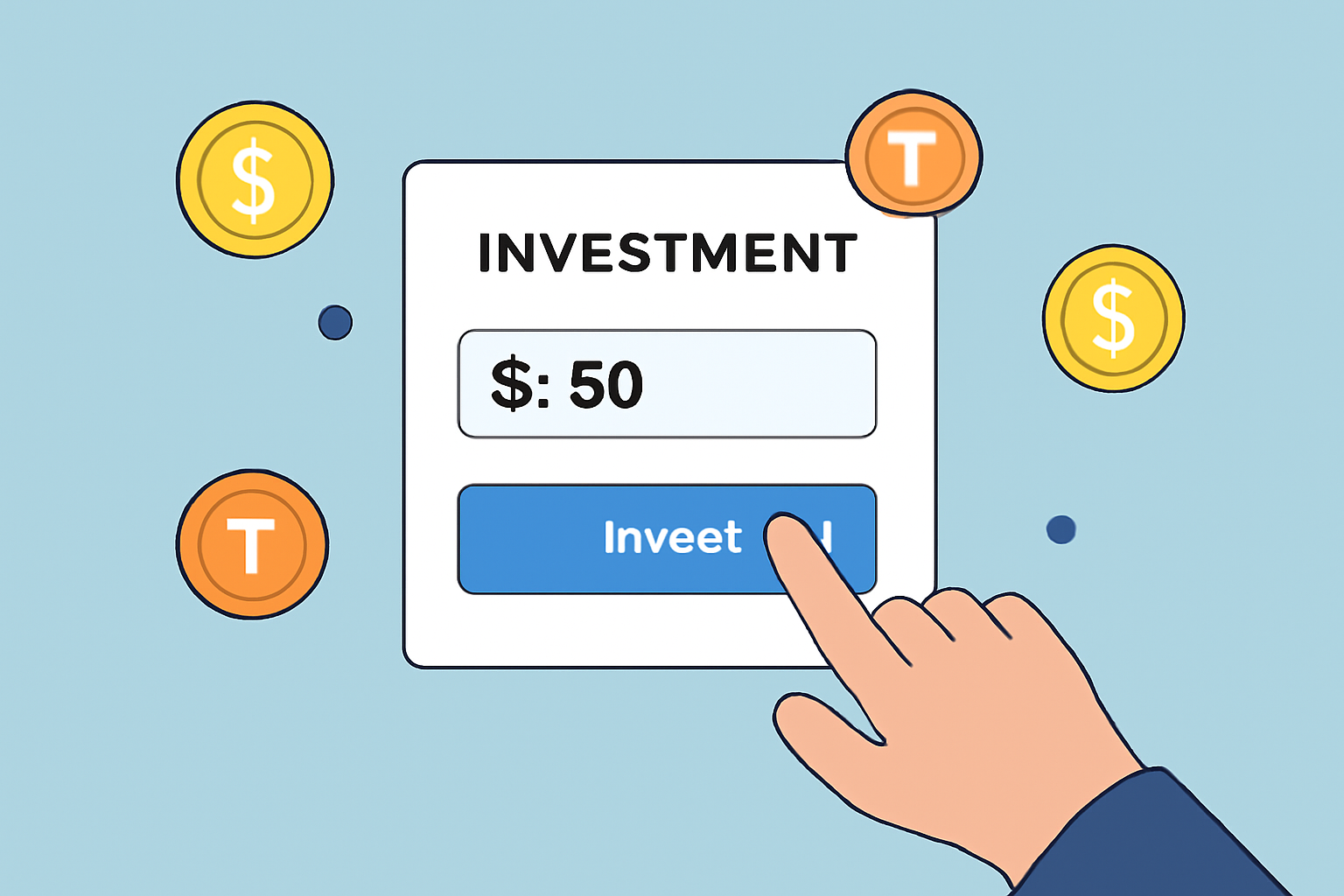 A hand entering an investment amount of $50 on a sleek online form, with tokens and dollar symbols in the background