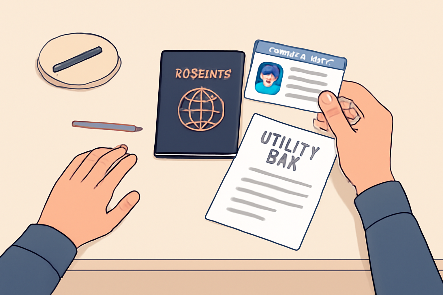 A person organizing their passport, driver's license, and utility bill on a clean desk, ready for verification, modern style