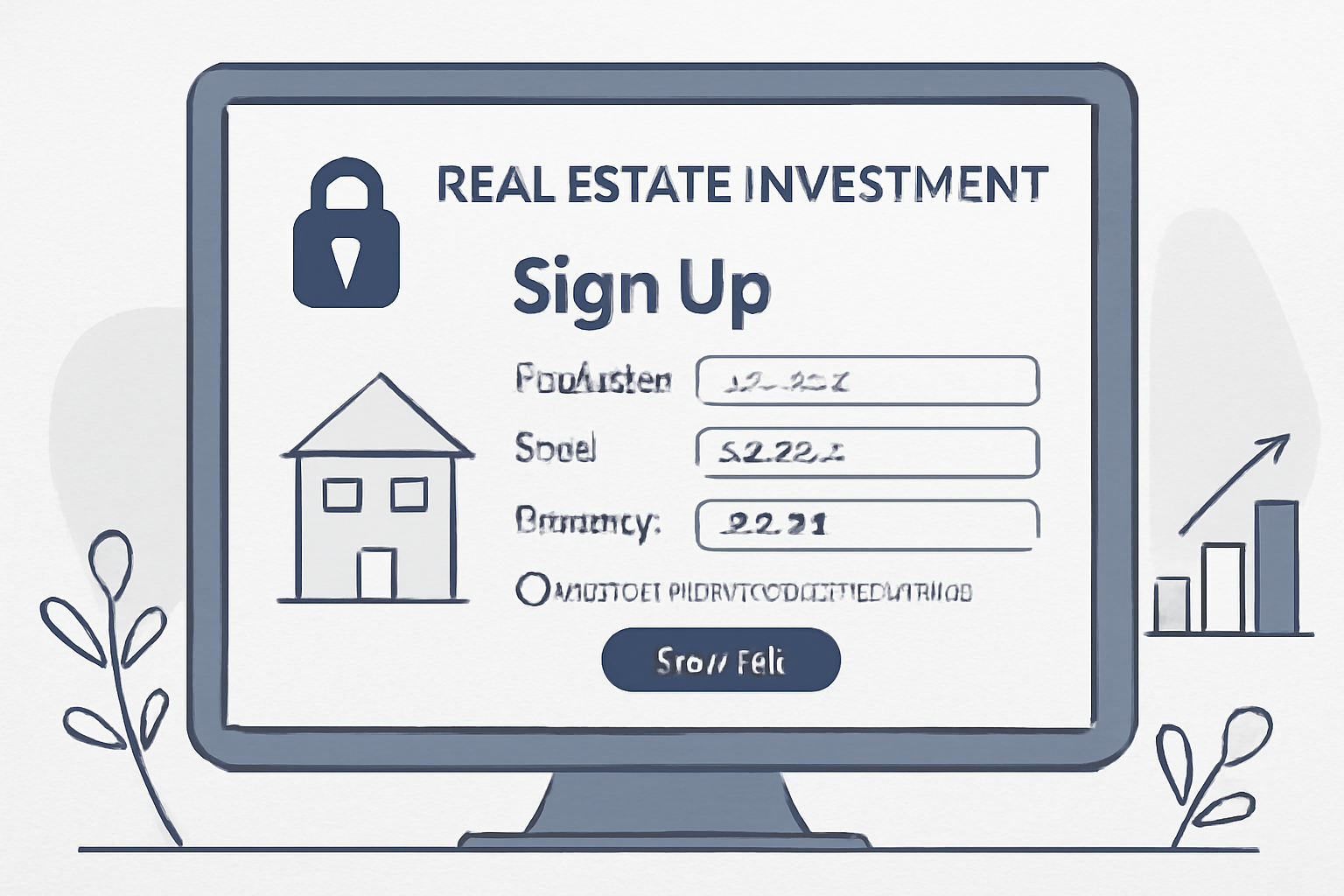 A computer screen displaying a sign-up form for a modern real estate investment platform, with a secure padlock icon visible