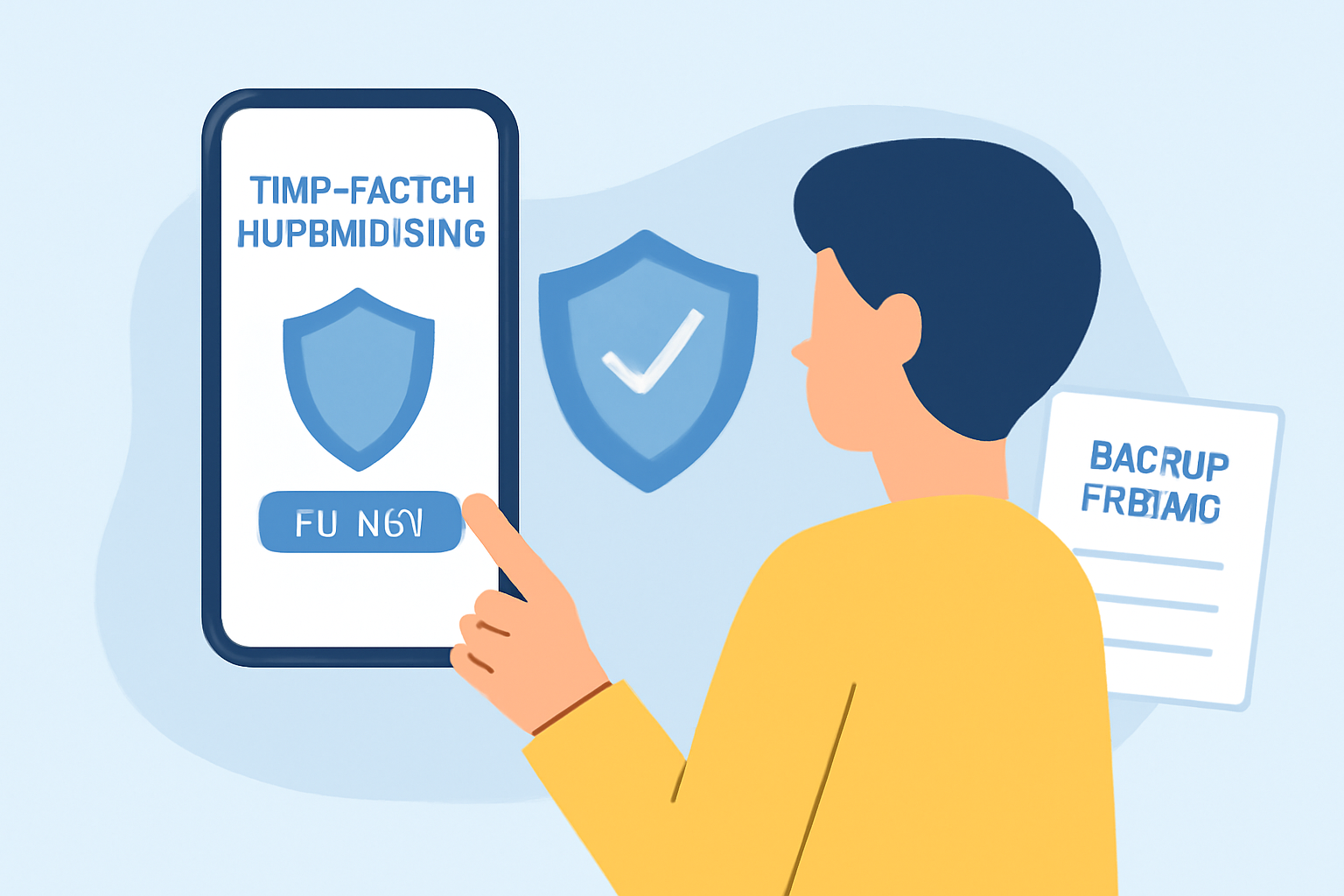 A person activating two-factor authentication on their phone, with a shield icon and a paper backup phrase stored securely