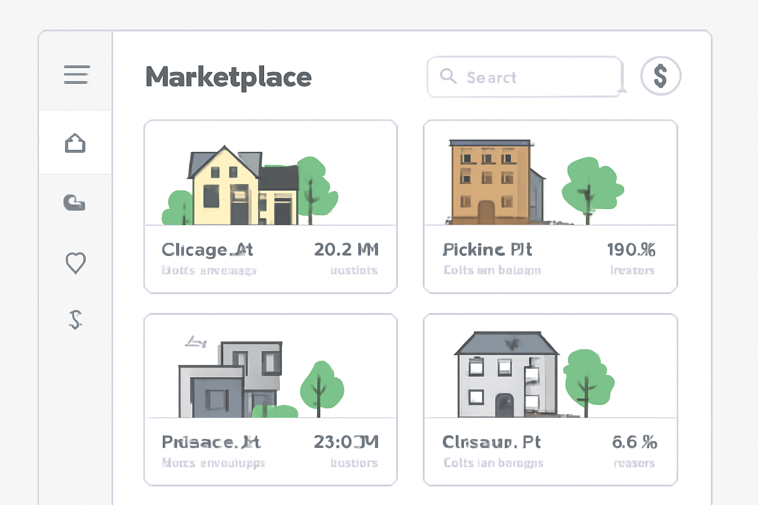 A digital marketplace interface displaying various property cards with images, locations, and investment details, styled in a modern, user-friendly dashboard