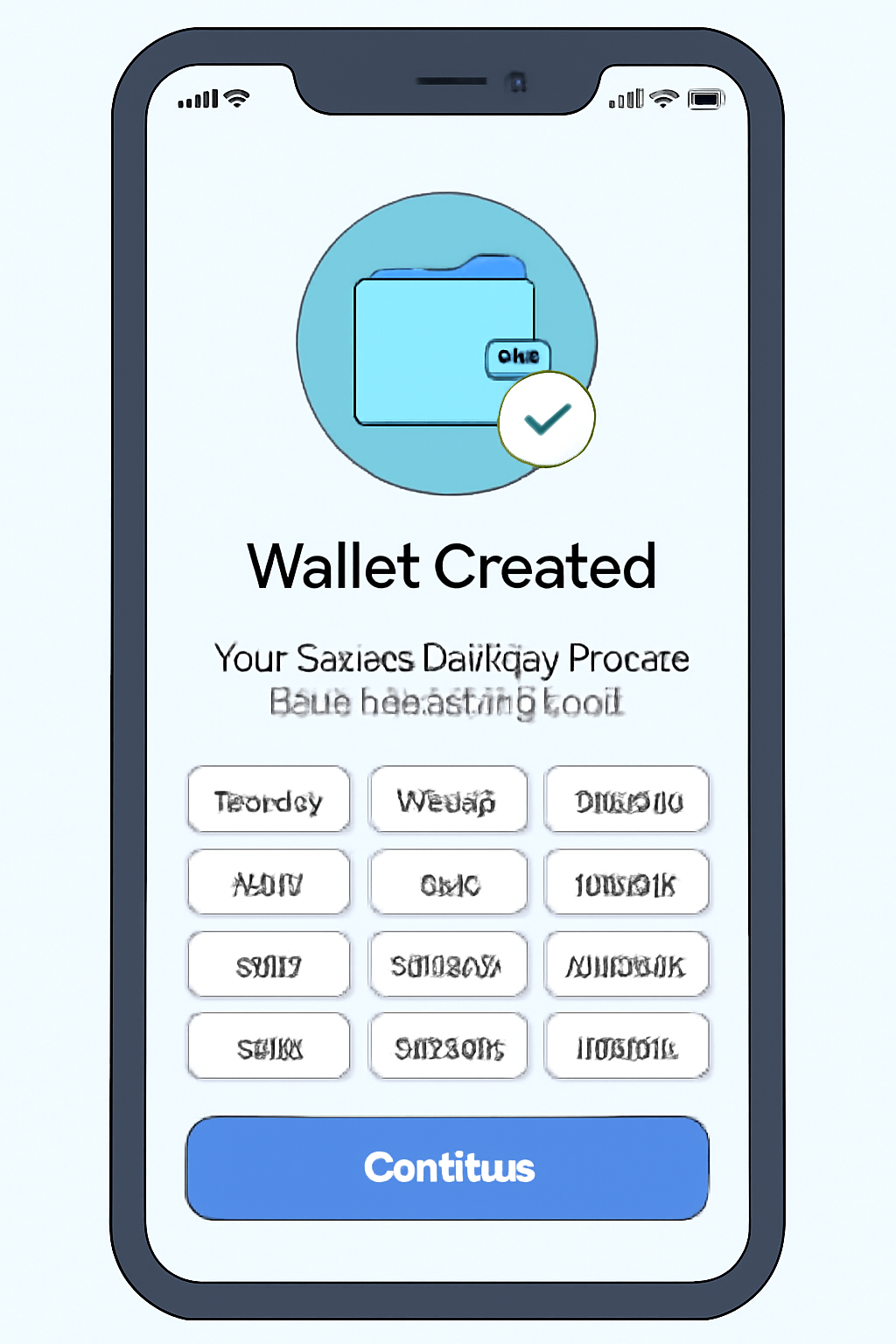 A digital wallet interface on a smartphone, displaying a 'wallet created' confirmation and a secure backup phrase, modern and friendly