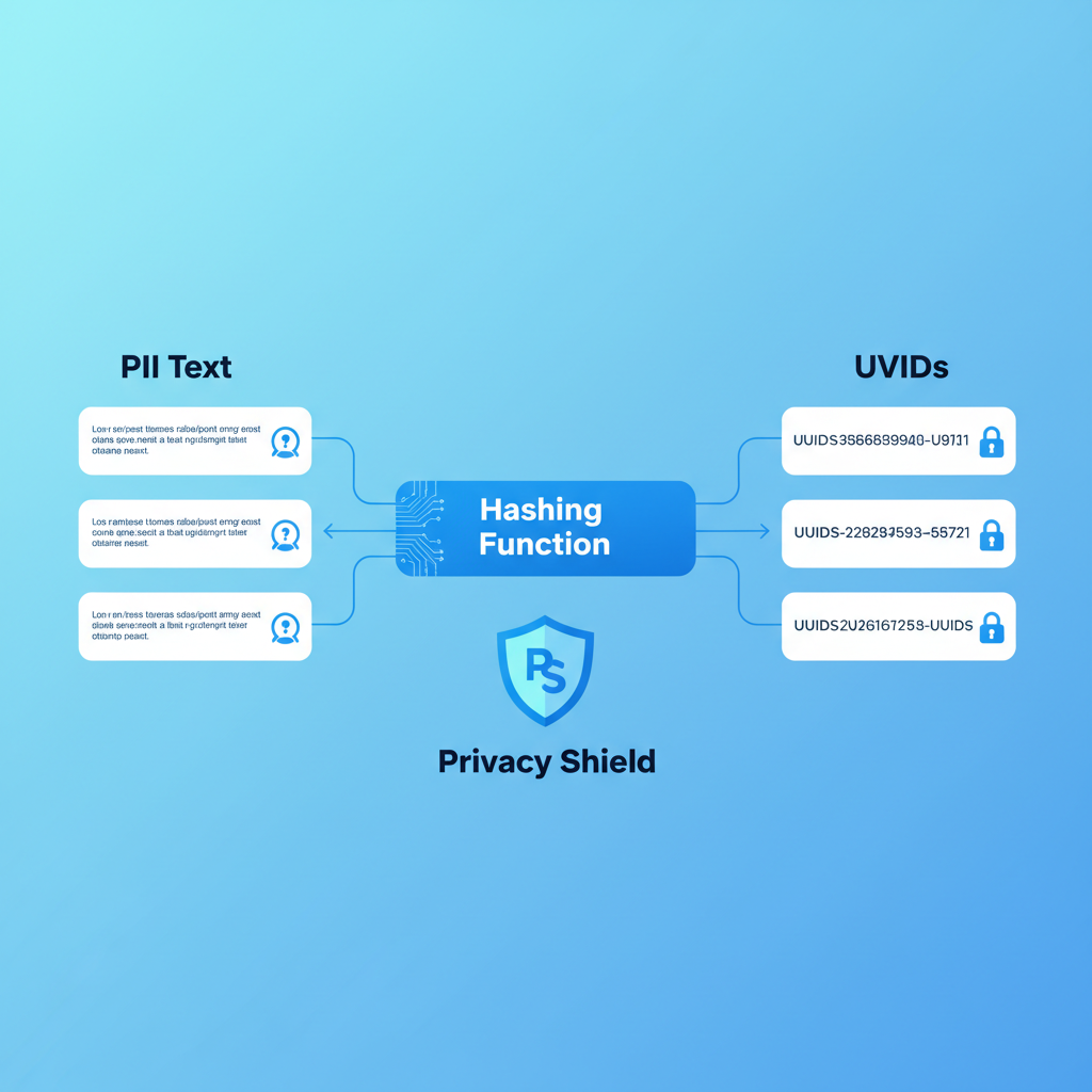 abstract diagram of hashing PII text to UUIDs, privacy shield icon, blue tones