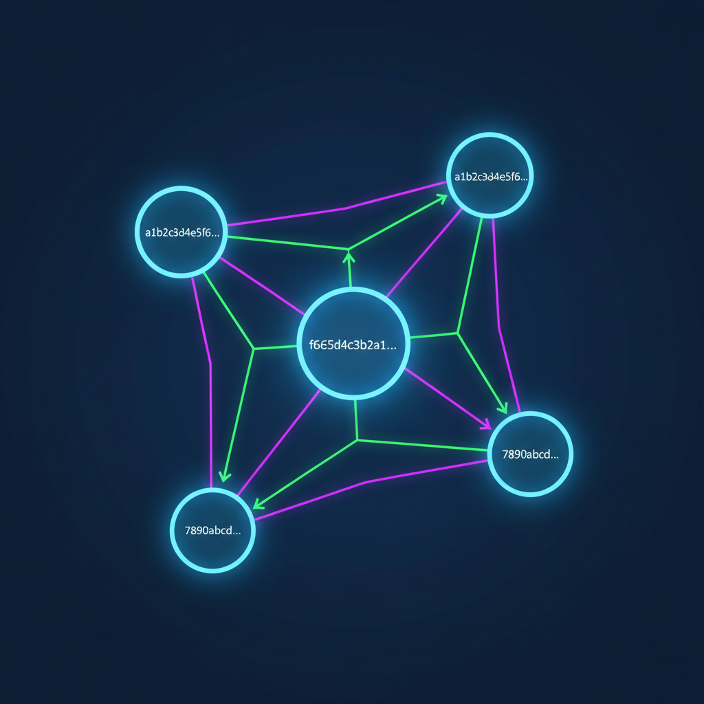knowledge graph visualization with UUID nodes and connected edges, glowing abstract network