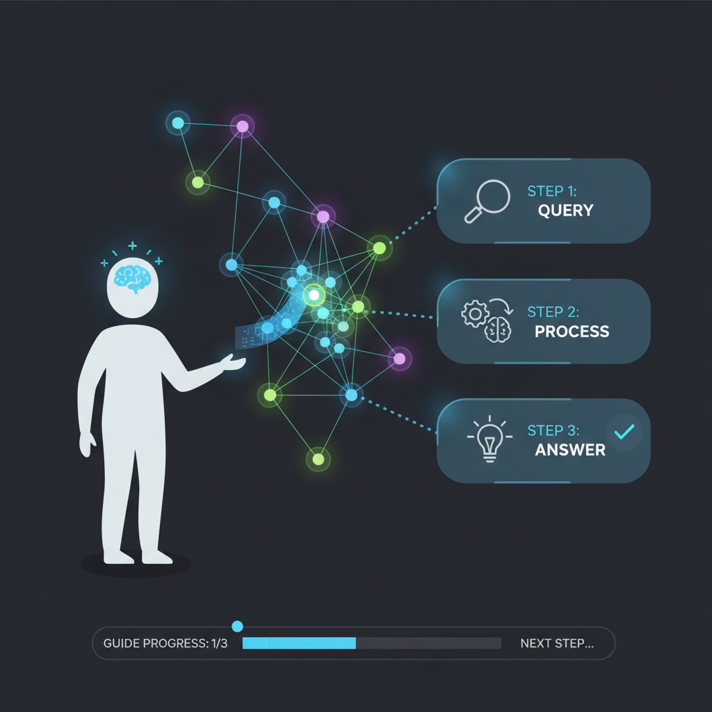 AI agent querying glowing knowledge graph, response bubbles, intelligent interface