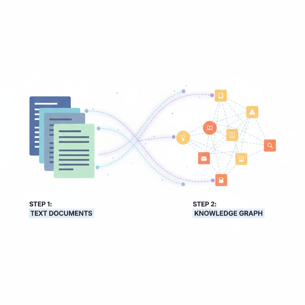 text documents converting to interconnected nodes and edges knowledge graph, ethereal connections
