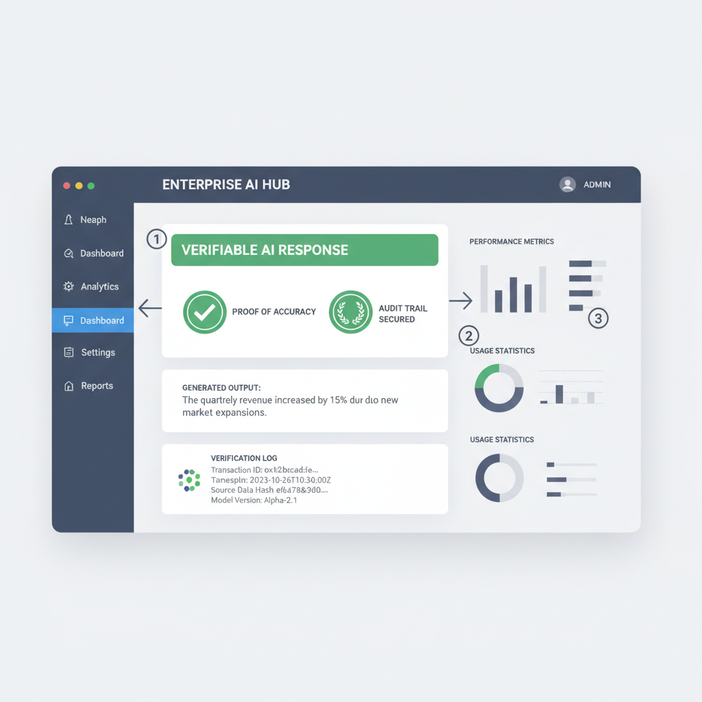 verifiable AI response output with proof badges, enterprise dashboard interface