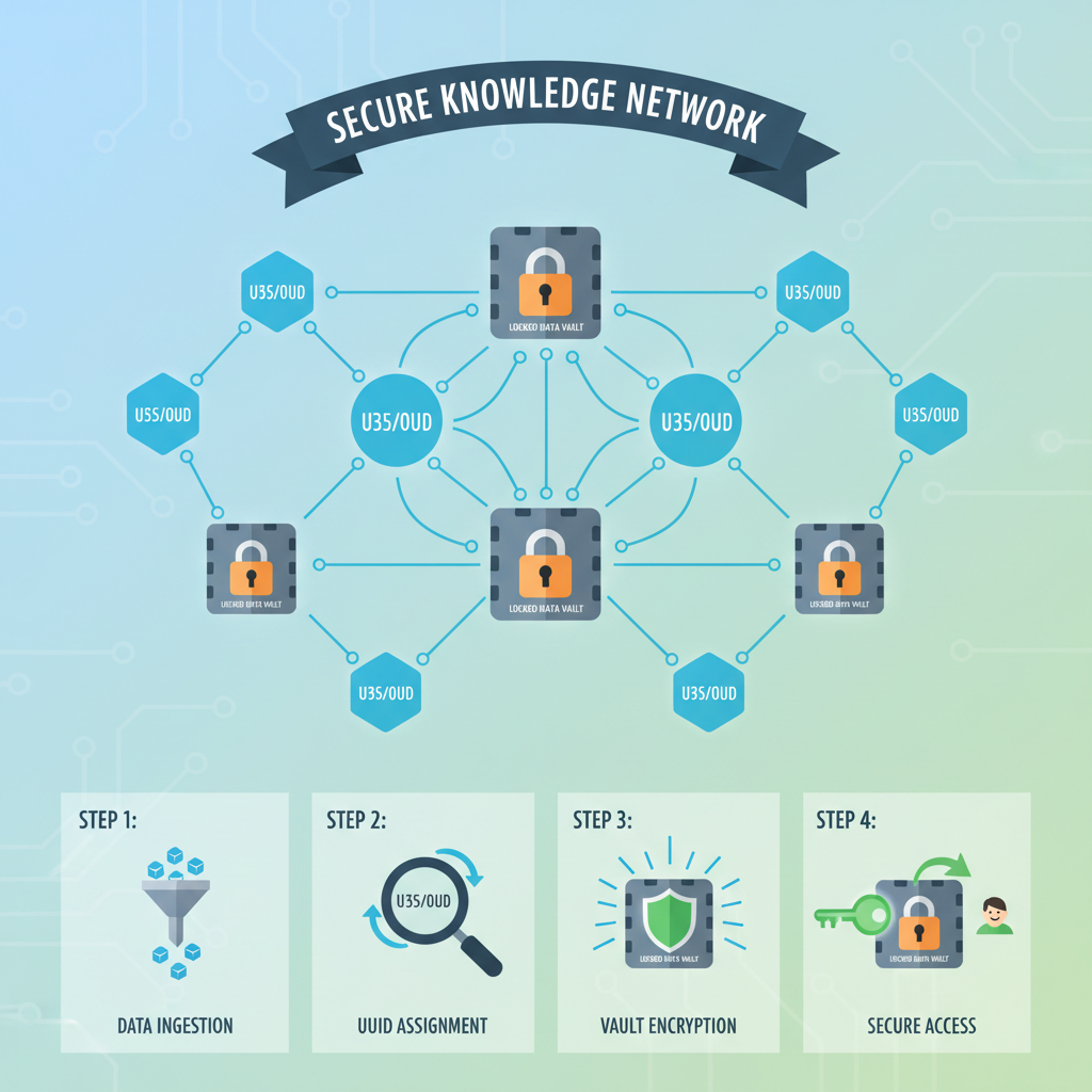 UUID nodes in a vast knowledge graph, locked vaults for data, secure network visualization