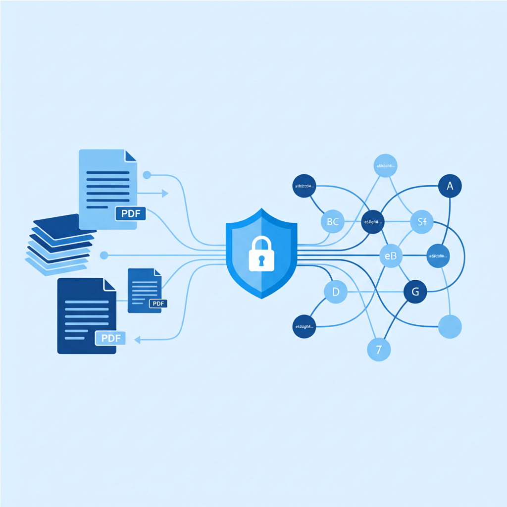 documents and PDFs transforming into UUID graphs, privacy shield icon, scholarly blue tones