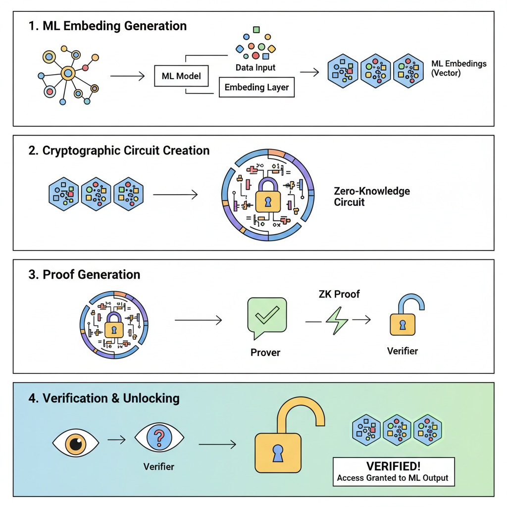 zkML zero-knowledge proof process for ML embeddings, cryptographic circuits and locks