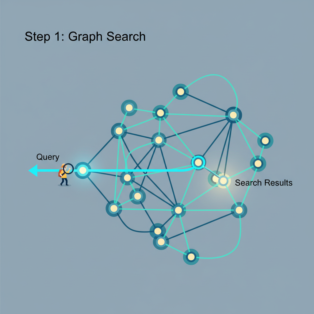 GraphRAG query flow: graph search to LLM generation, dynamic visualization