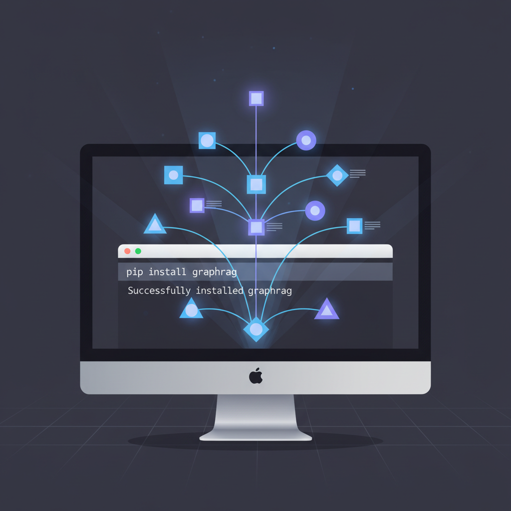 command line installing GraphRAG, glowing knowledge graph emerging, clean tech aesthetic