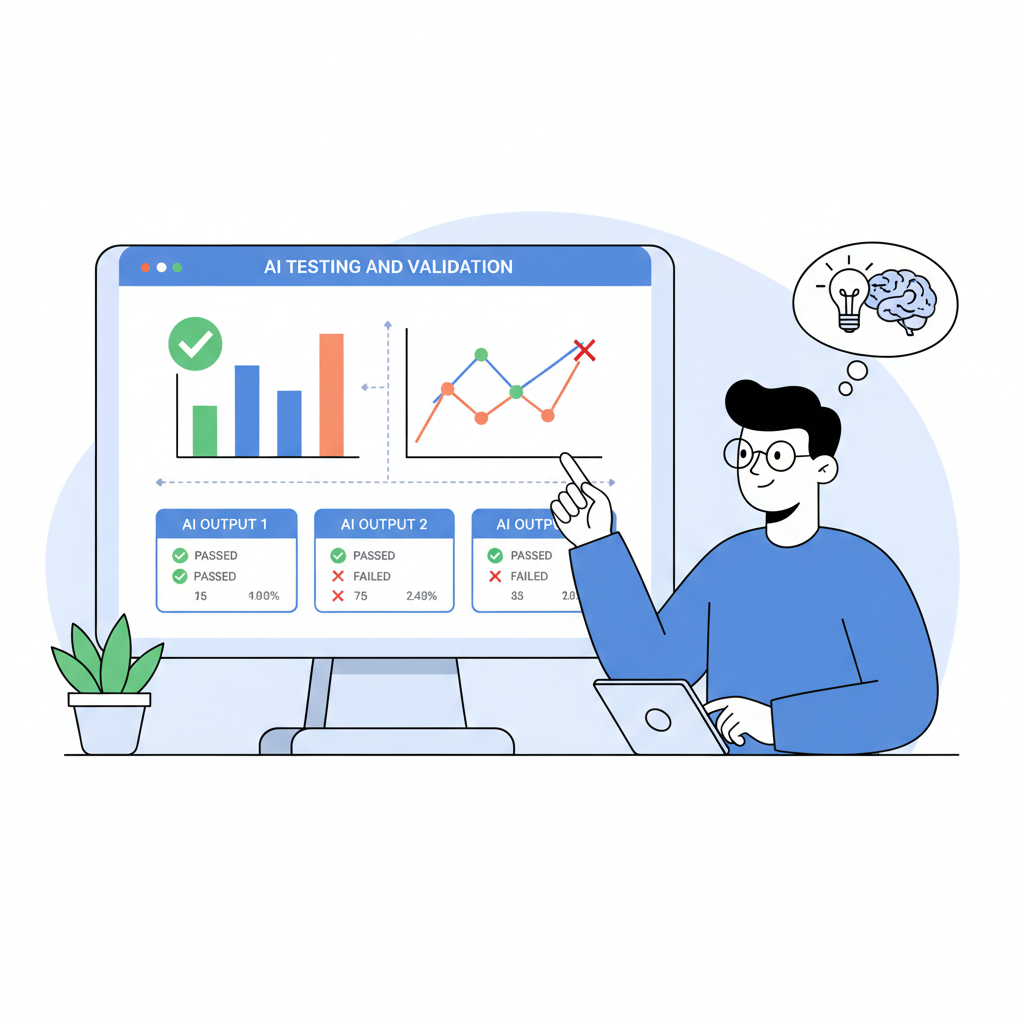 testing dashboard with graphs and checks, reflective scholar reviewing AI outputs