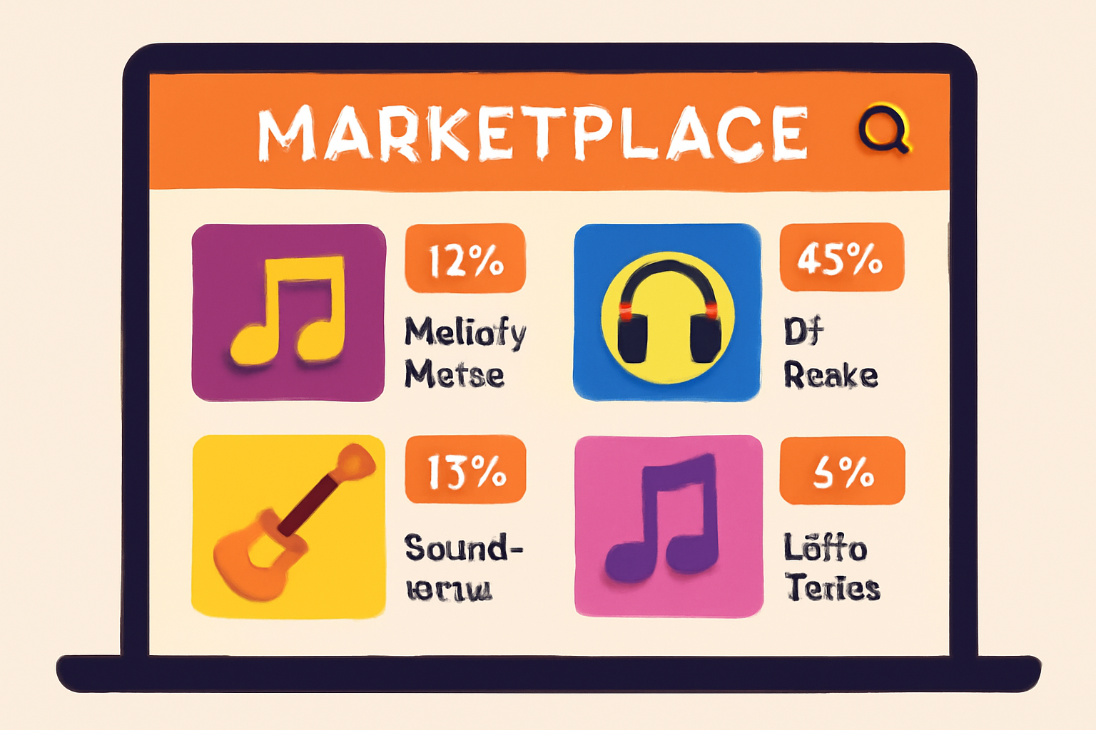 A vibrant marketplace interface showcasing music NFT listings with royalty percentages, artist names, and album art thumbnails.