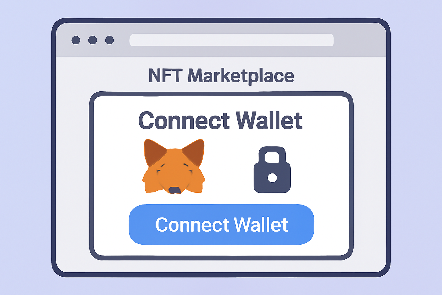A computer screen displaying a 'Connect Wallet' prompt on an NFT marketplace, with a MetaMask fox icon and a secure lock symbol.
