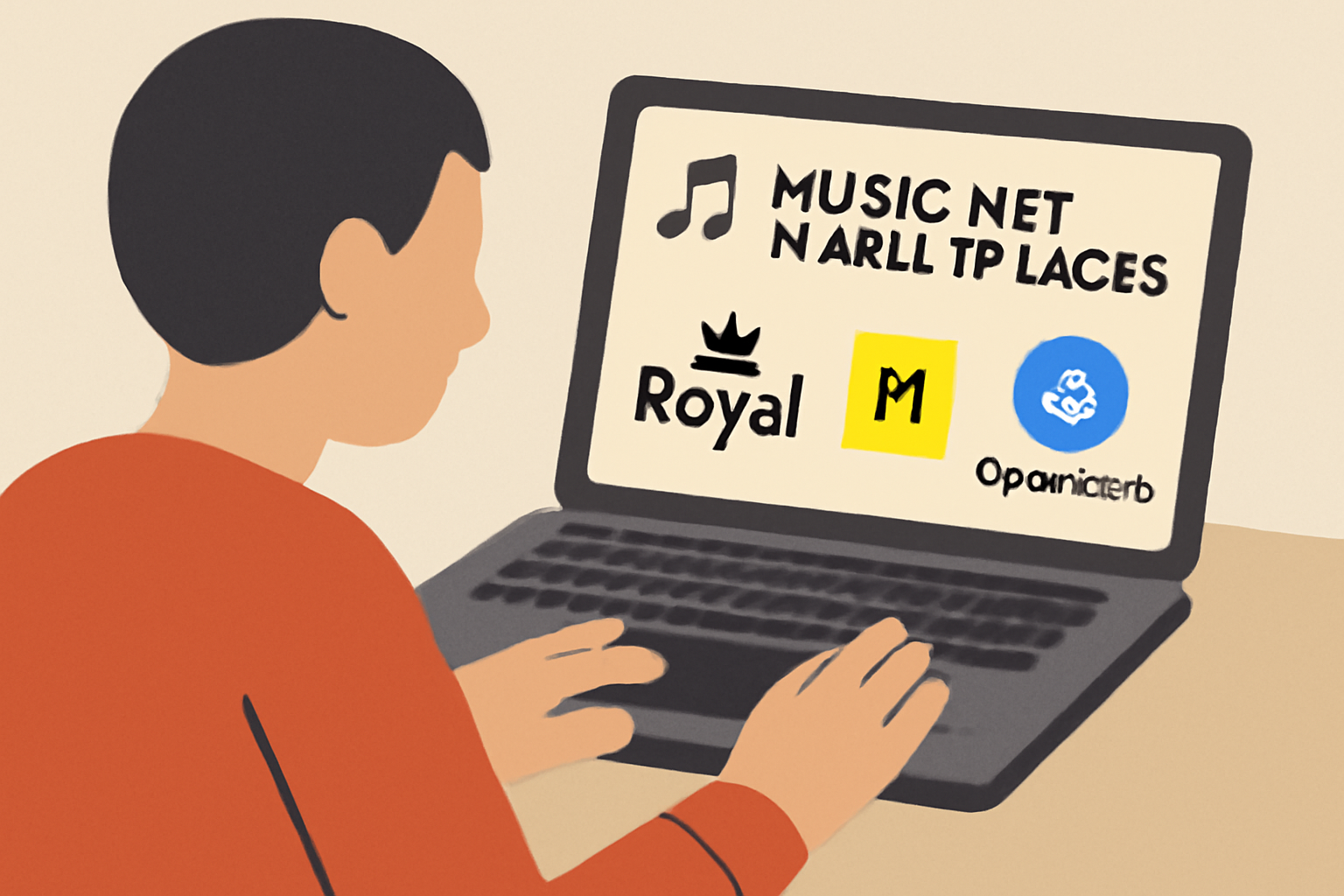 A digital illustration of a person browsing music NFT marketplaces on a laptop, with logos of Royal, Rarible, and OpenSea visible on the screen.