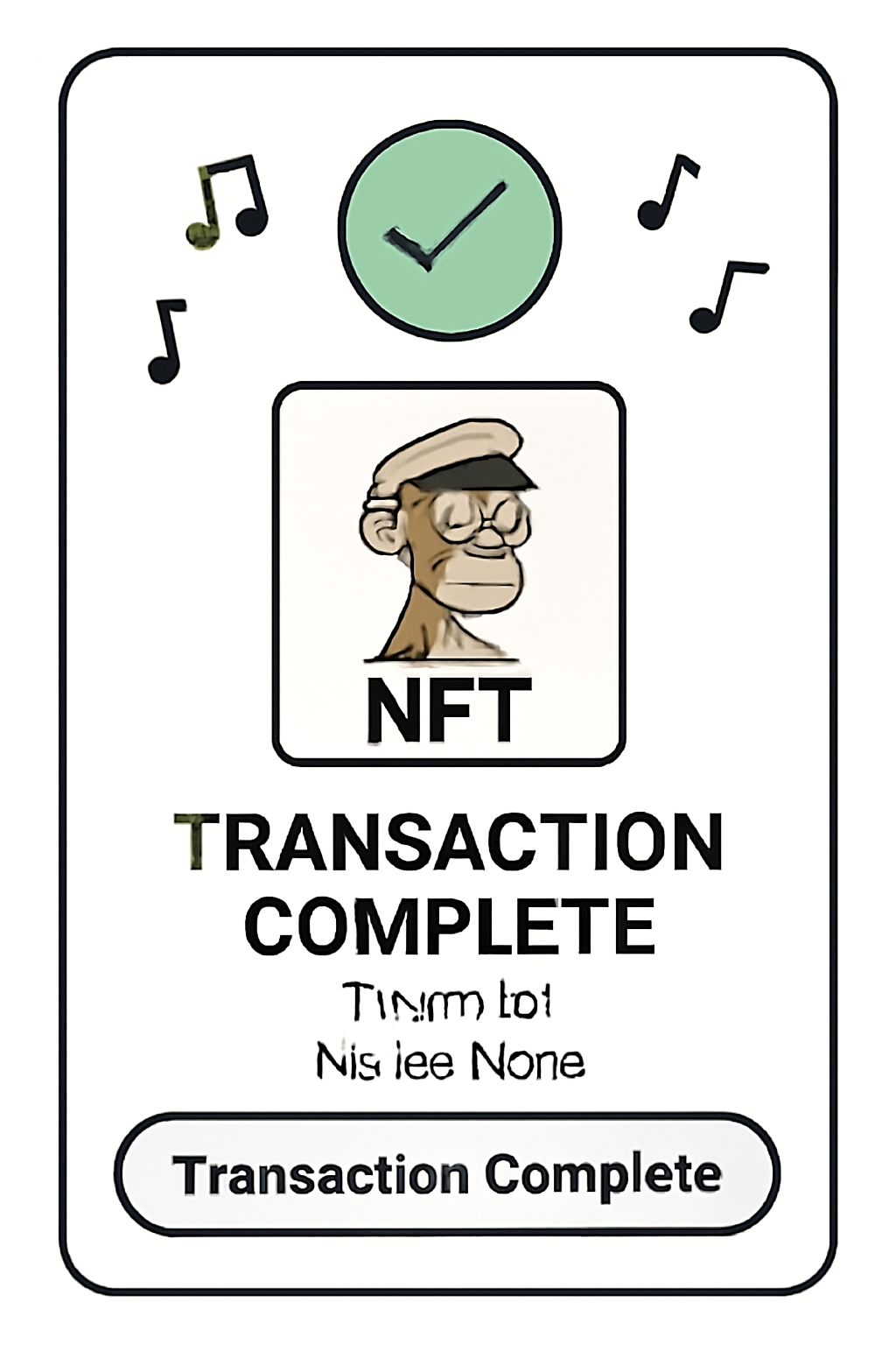 A digital confirmation screen showing a successful NFT purchase, with music notes and a 'Transaction Complete' message.
