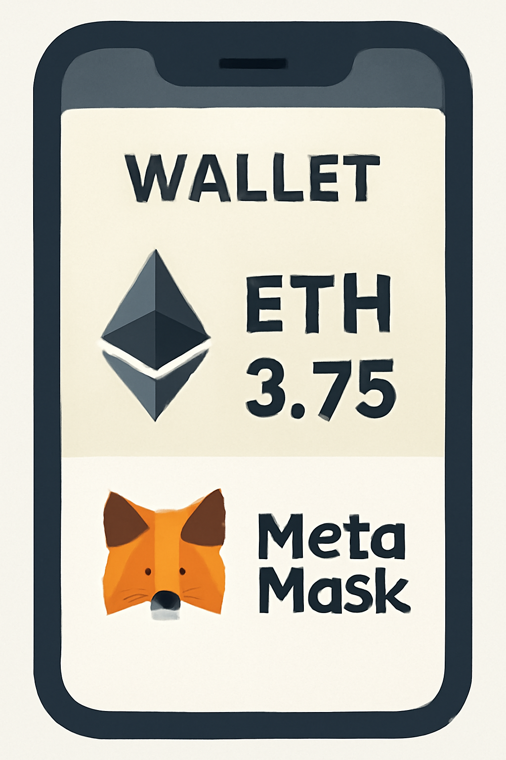 A close-up of a digital wallet interface on a smartphone, showing Ethereum (ETH) balance and a MetaMask logo.